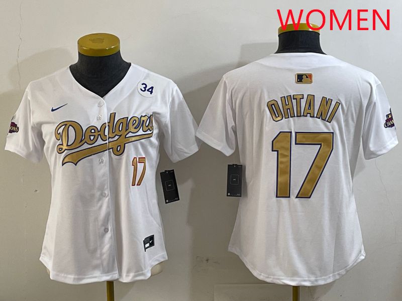 Women Los Angeles Dodgers #17 Ohtani White Champion gold character 2025 Nike MLB Jersey style 2->women mlb jersey->Women Jersey